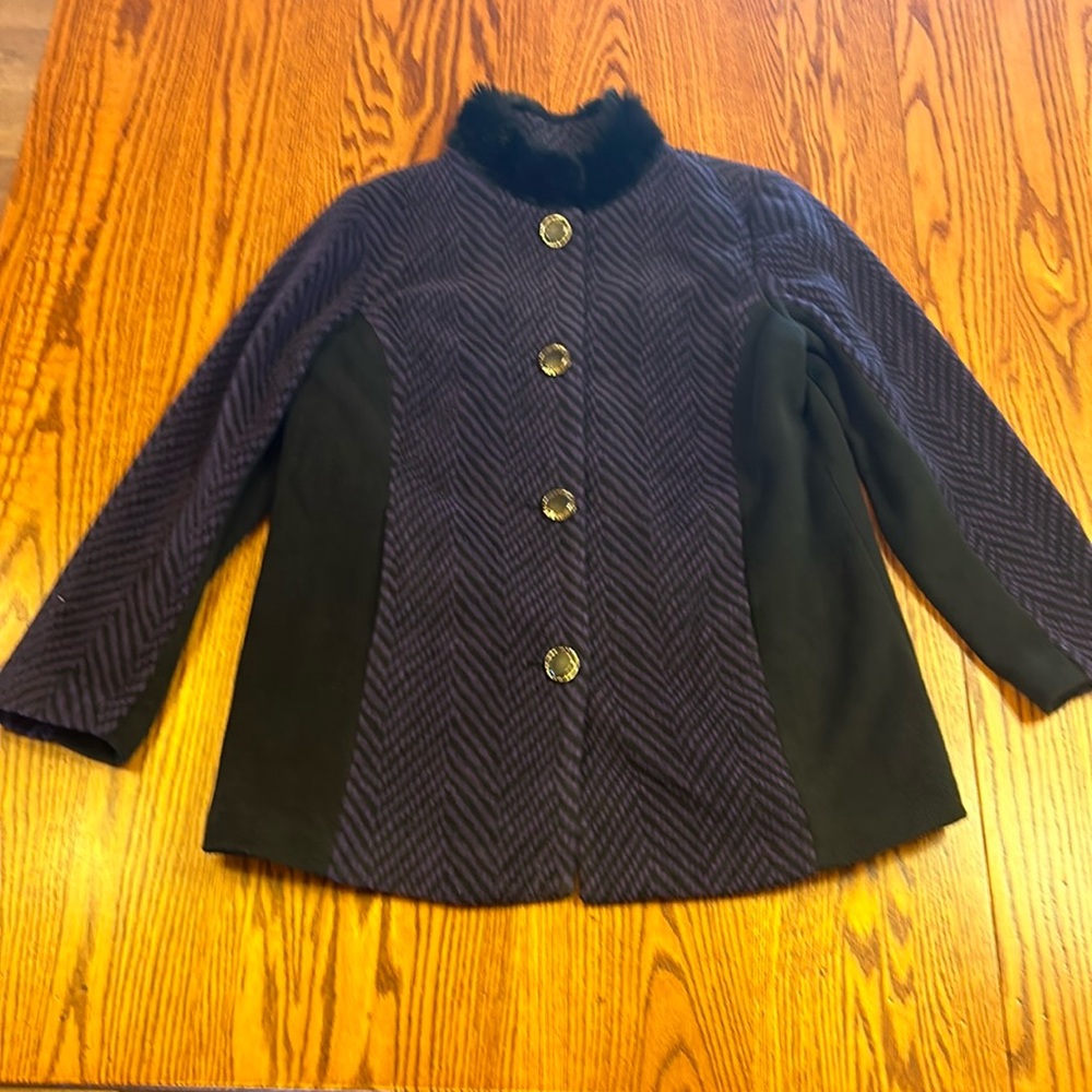 Bob Mackie Wearable Art Purple & Black Herringbone Fleece Coat w Faux Fur Collar